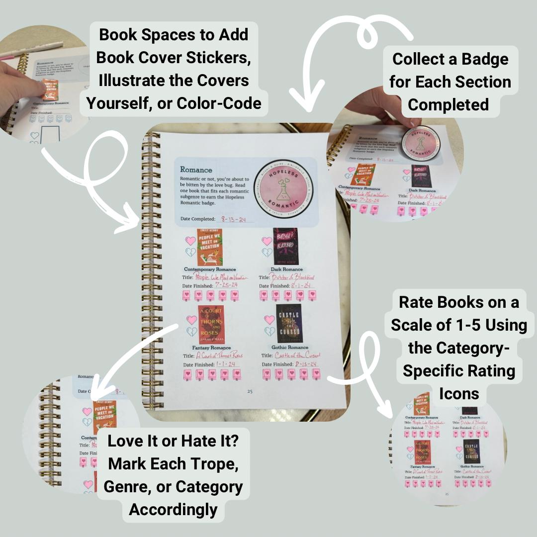 Reading Journal With Challenges, Book Tracker, Book Log, Gift for Readers, Booklover Gift, Bookish Notebook, Reader, w/ 29 Book Stickers